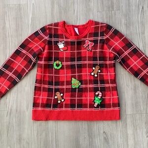 Plaid Red Sweater with Festive Patches